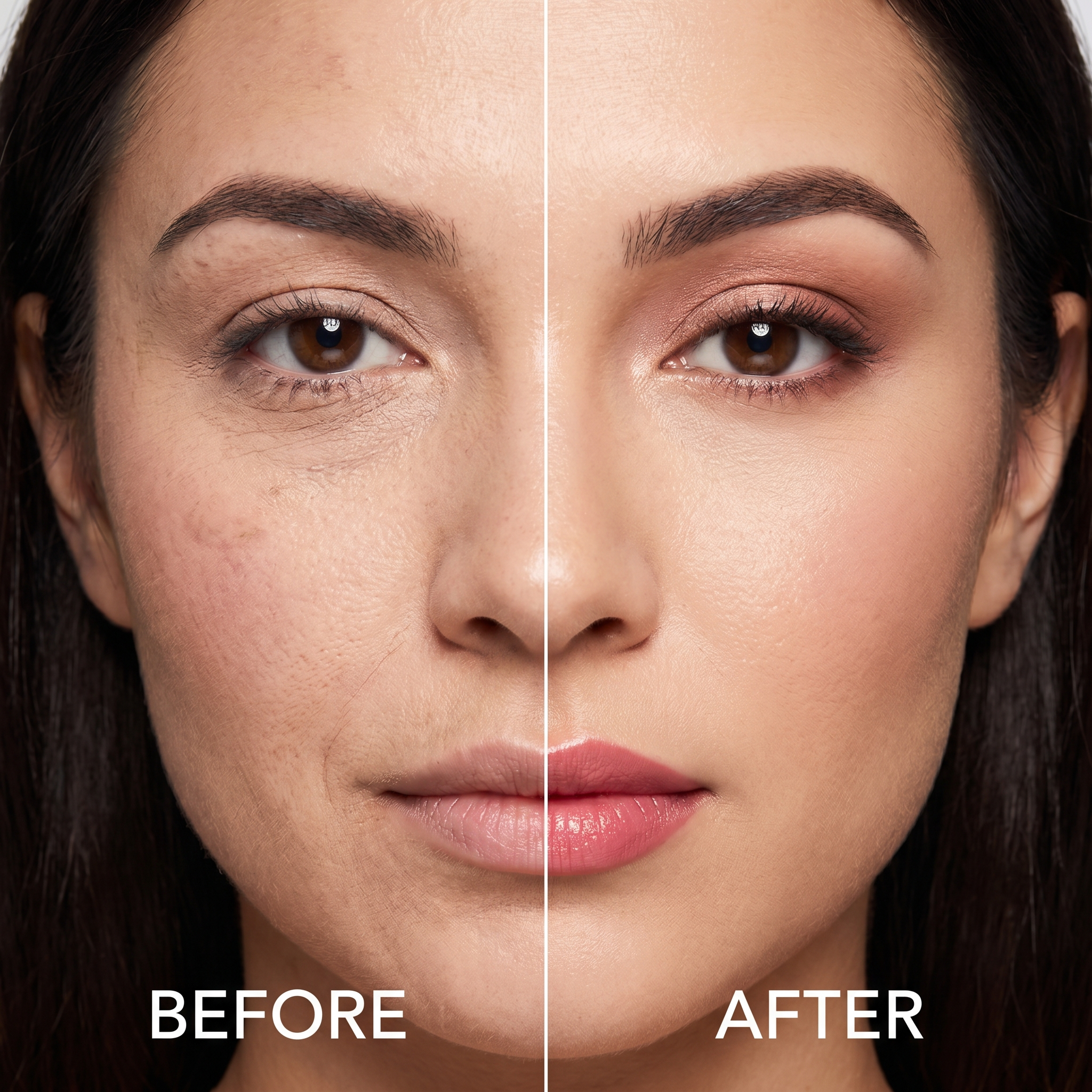 Before and after comparison of a woman's face with visible skin improvement.