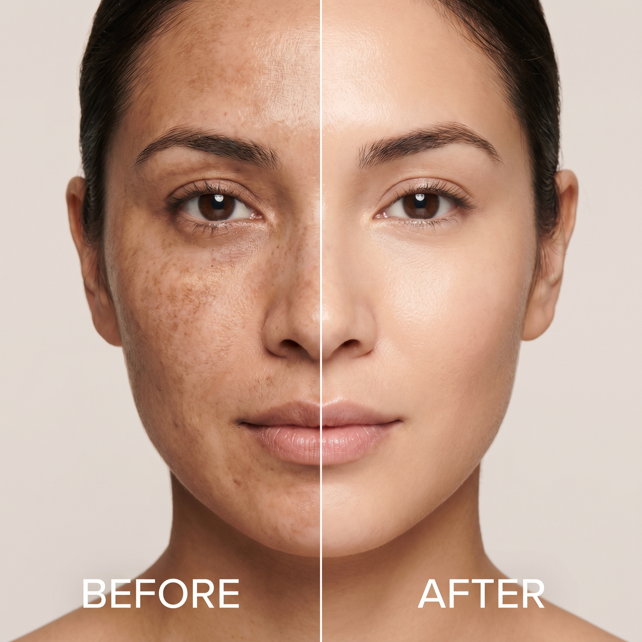 Before and after comparison of a woman's face with visible skin improvement.