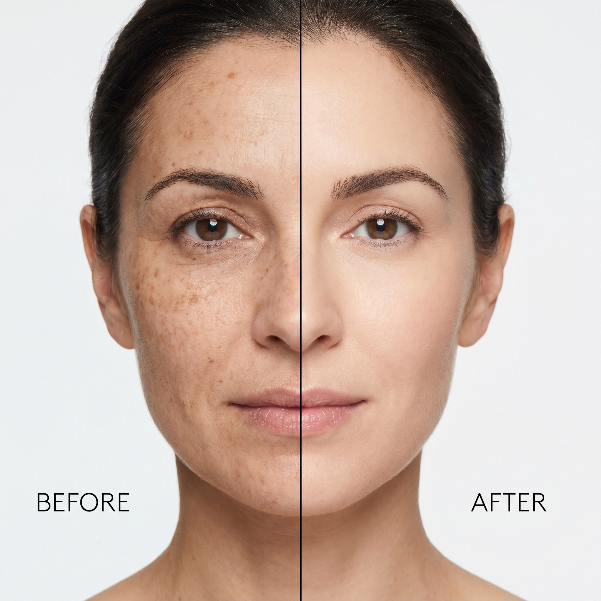 Before and after comparison of a woman's face with visible skin improvement.