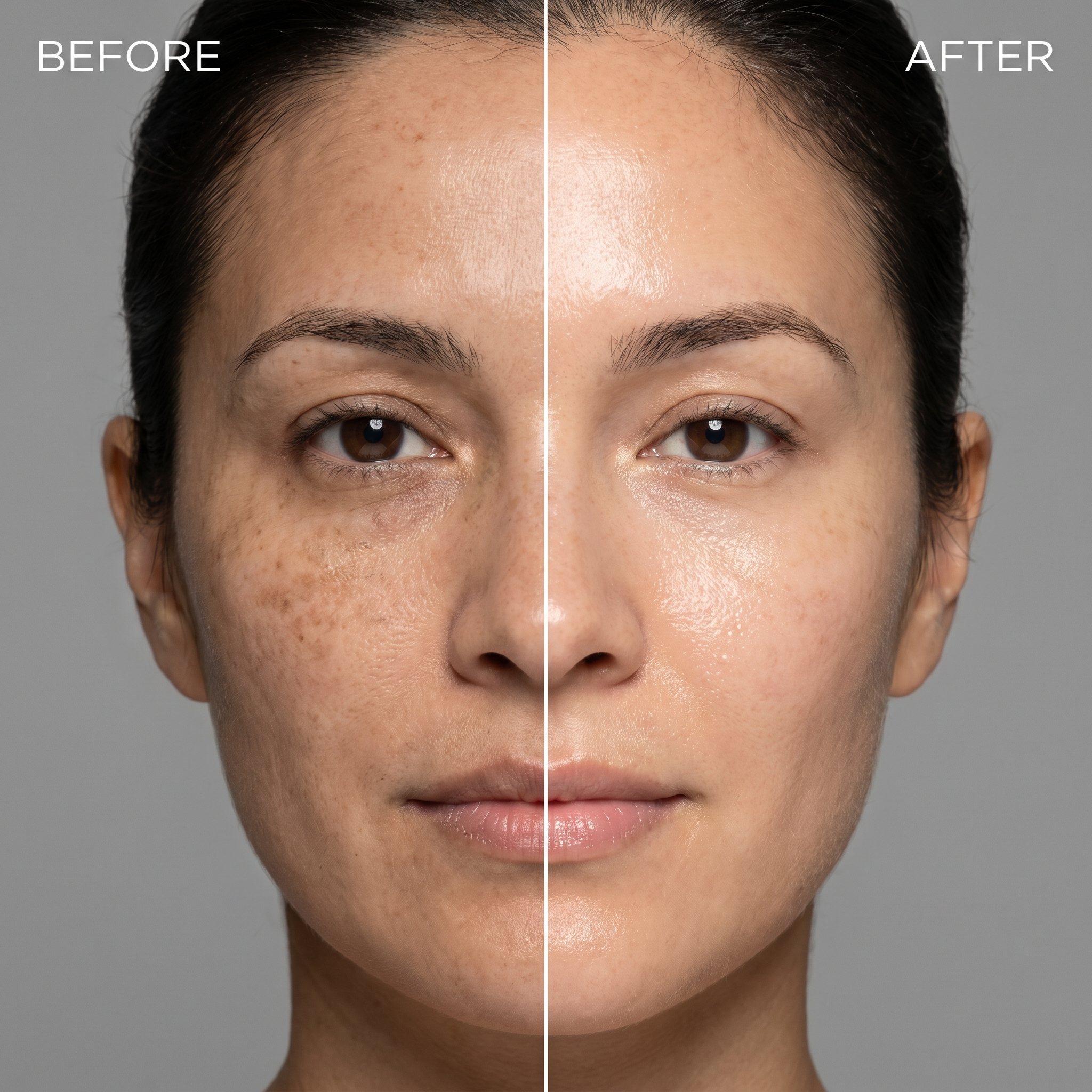 Before and after comparison of a woman's face on a gray background