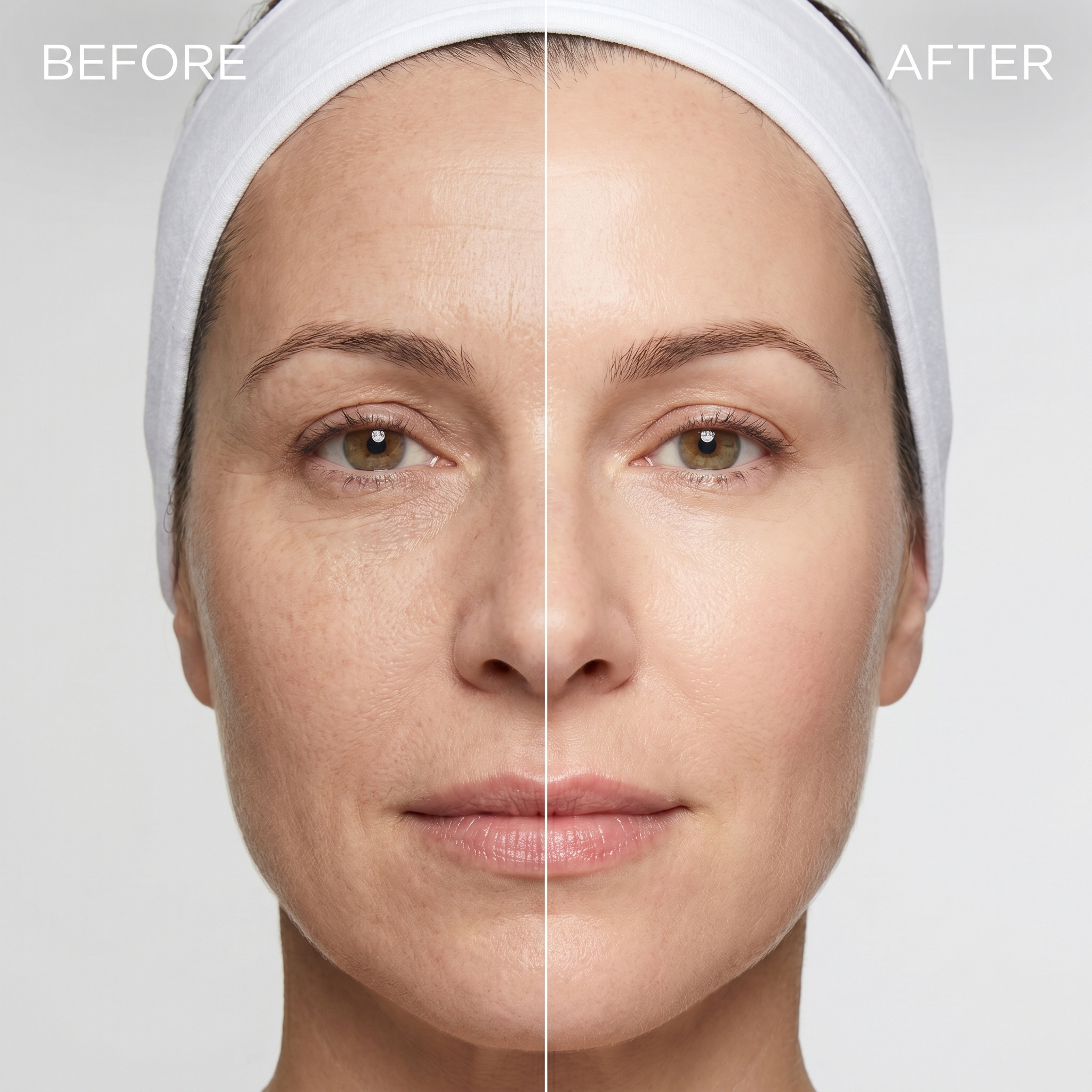 Before and after comparison of a woman's face with a white headband on a light gray background.