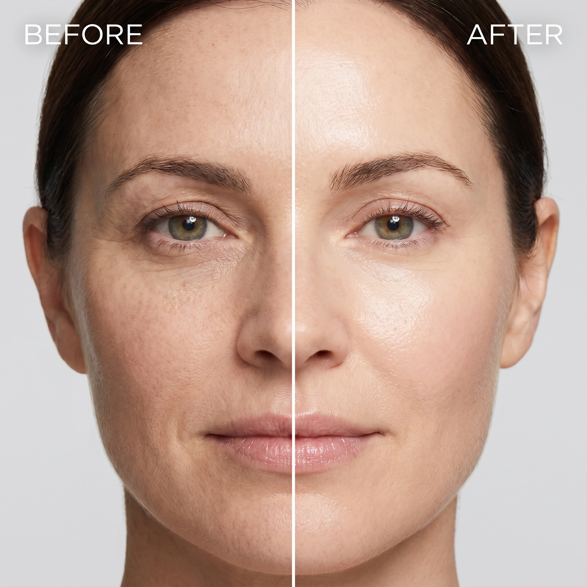 Before and after comparison of a woman's face with visible skin improvement.