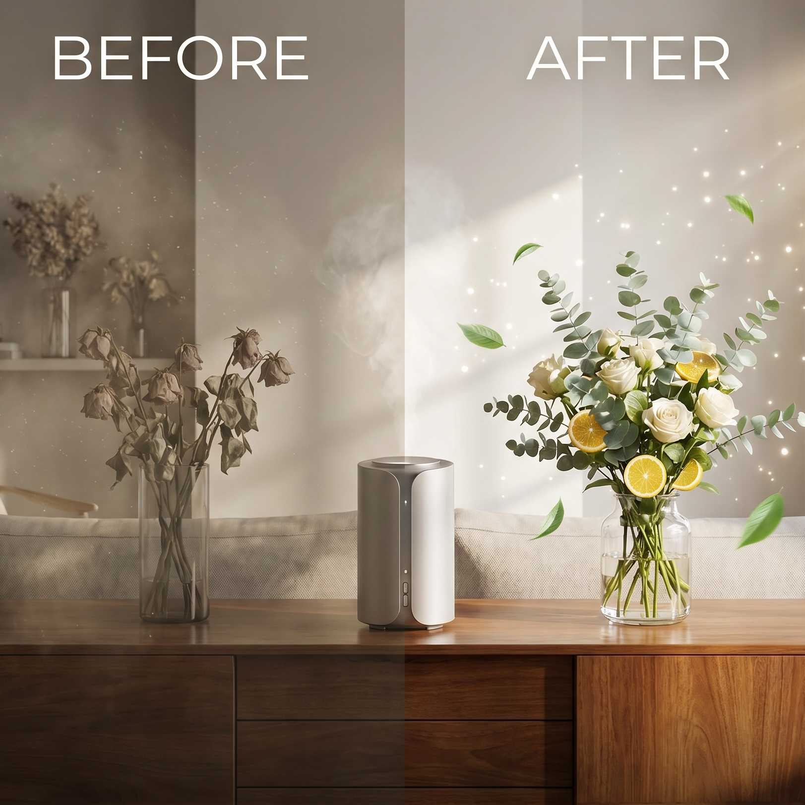 Before and after comparison of a living room setup with SalScent product.