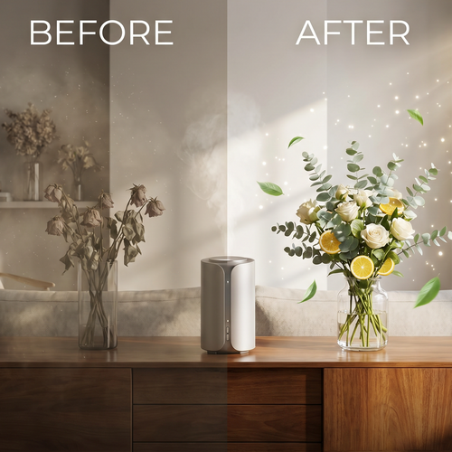 Before and after comparison of a living room setup with SalScent product.