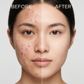 Before and after comparison of a person's face with acne on the left and clear skin on the right.