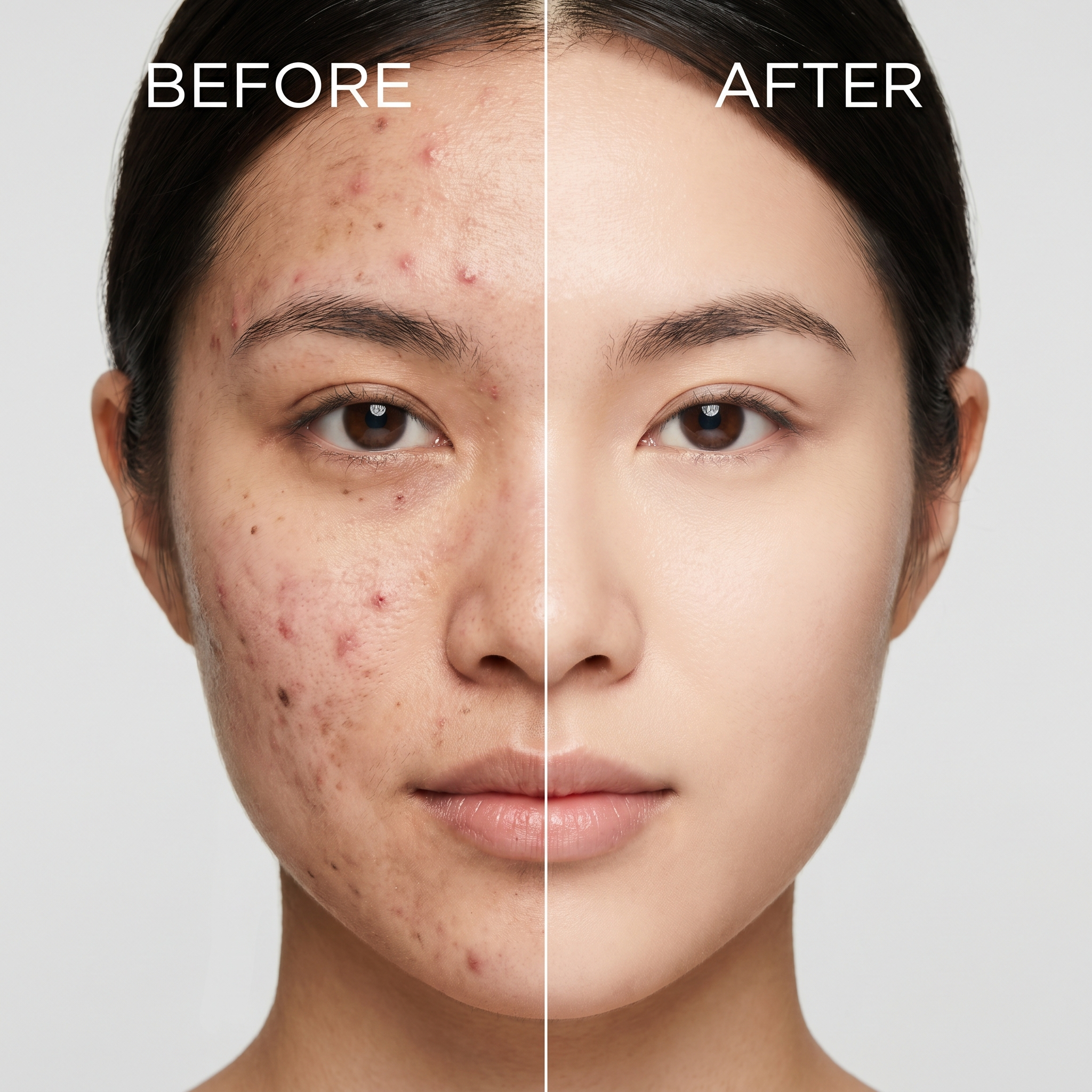 Before and after comparison of a person's face with acne on the left and clear skin on the right.
