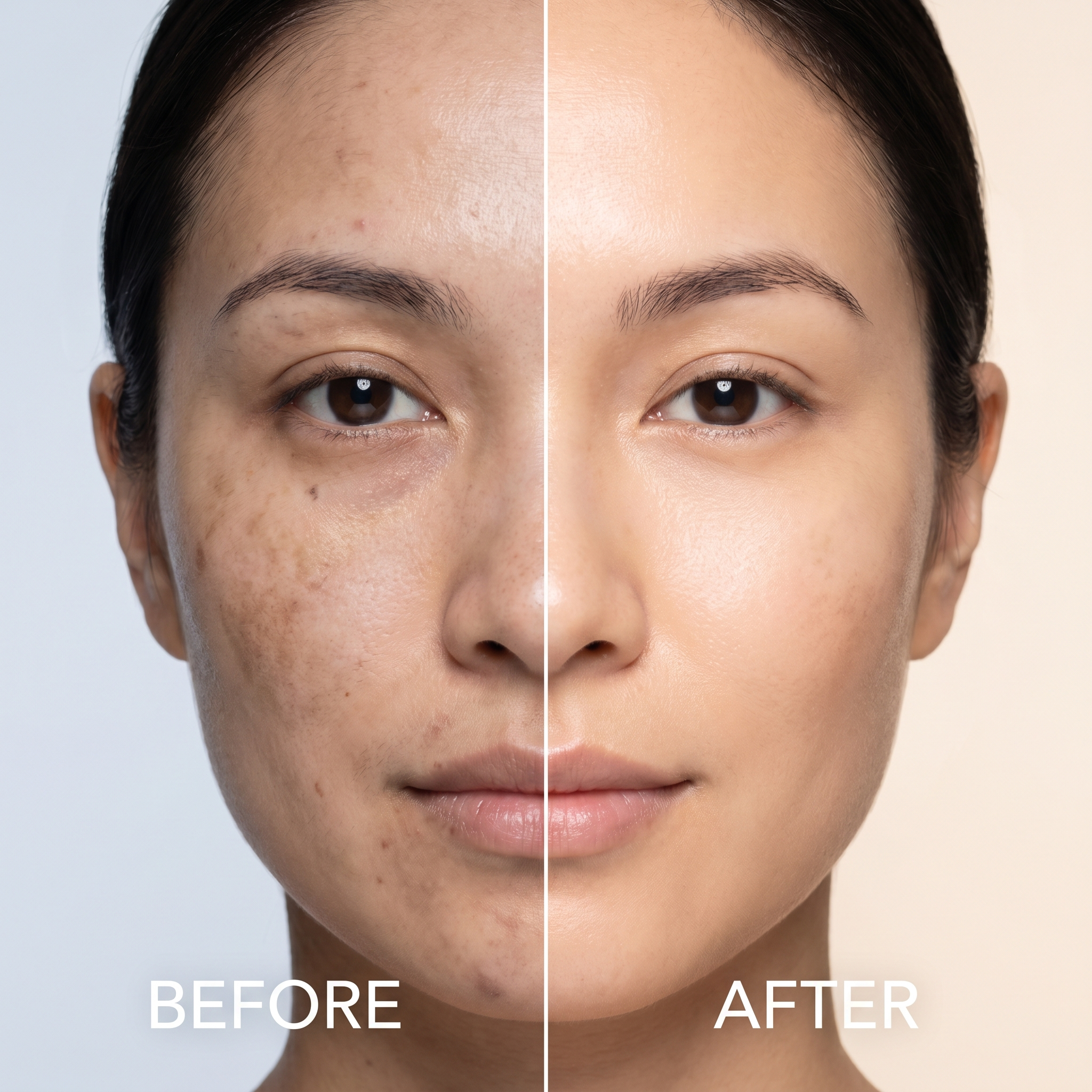 Before and after comparison of a woman's face with visible skin improvement.