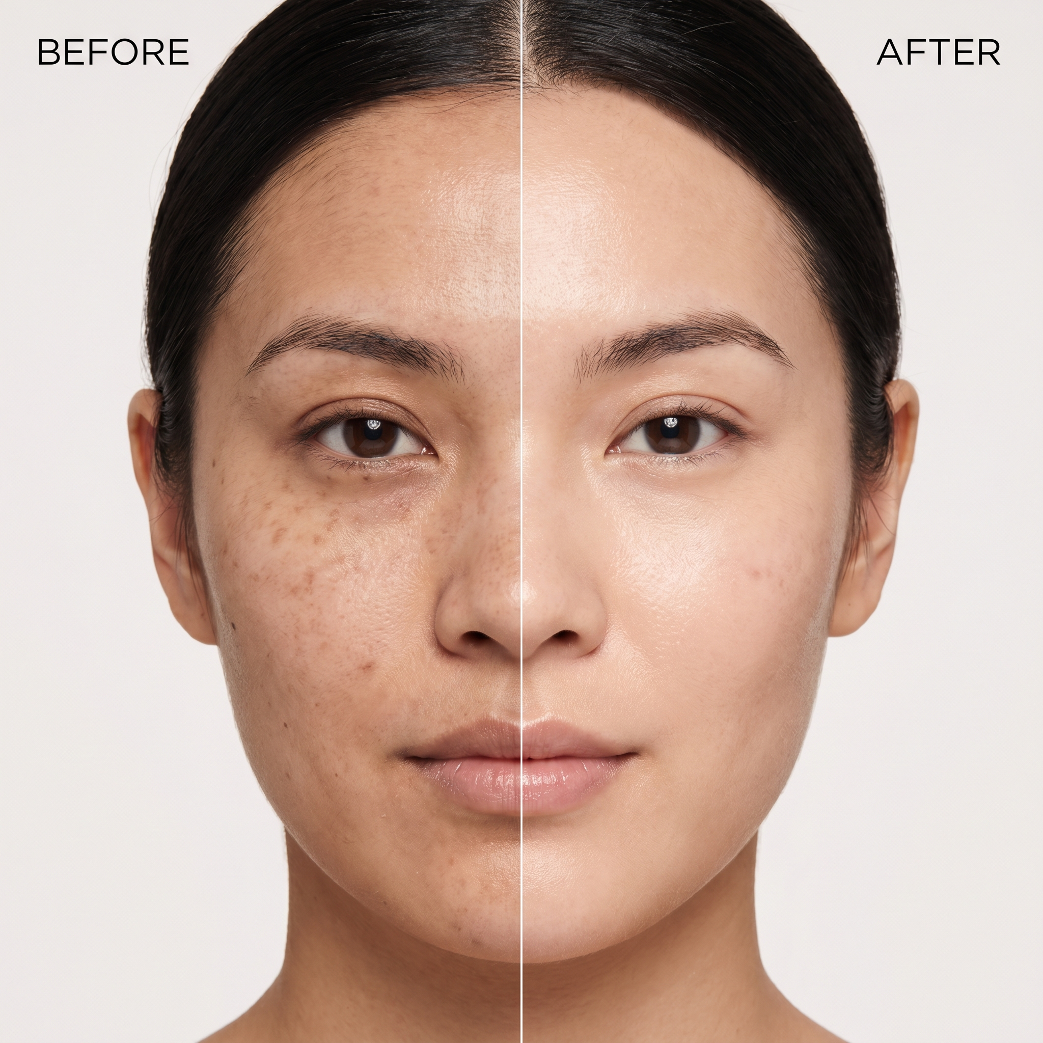 Before and after comparison of a woman's face with visible skin improvement.