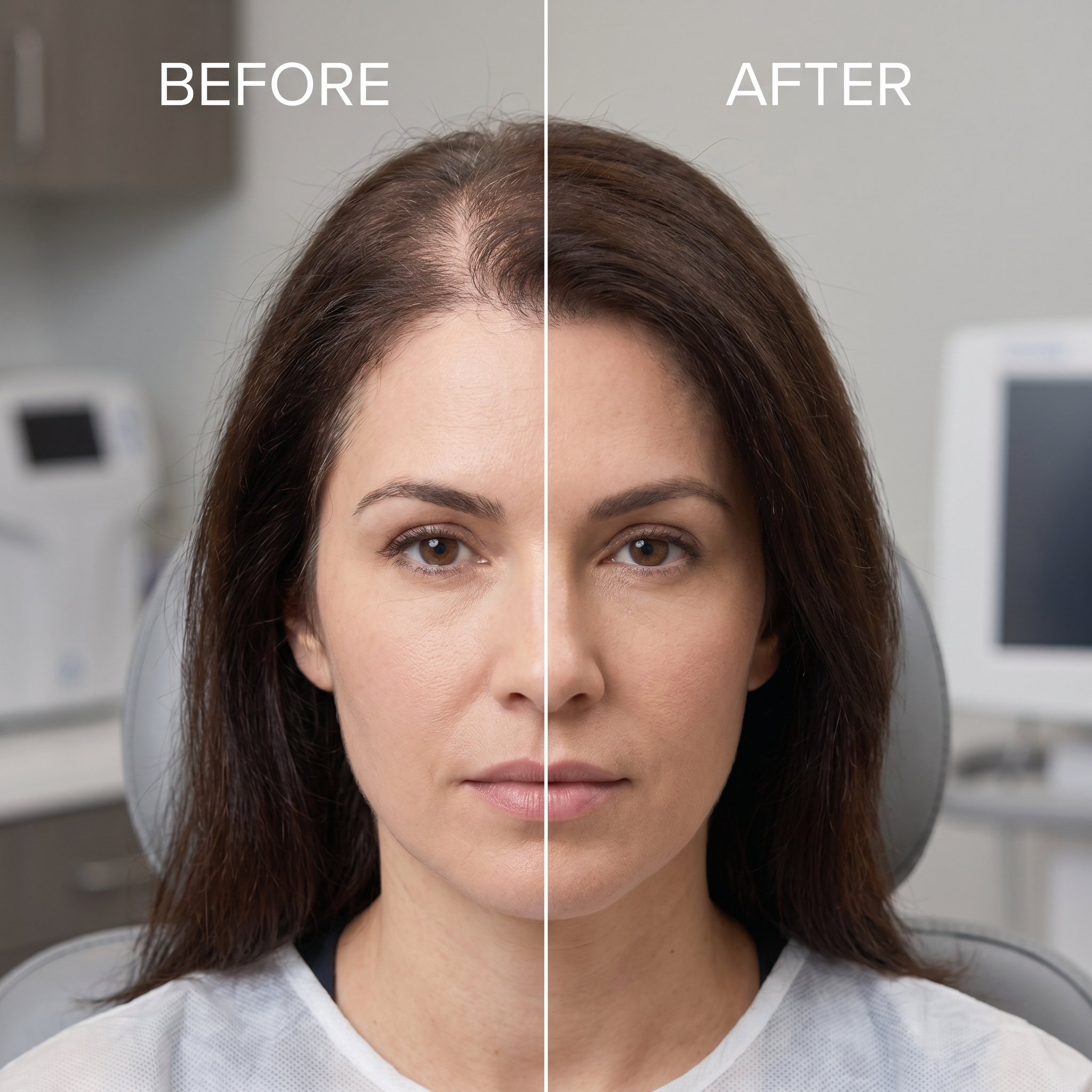 Before and after comparison of a woman's hair in a medical setting.