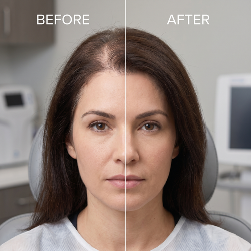 Before and after comparison of a woman's hair in a medical setting.
