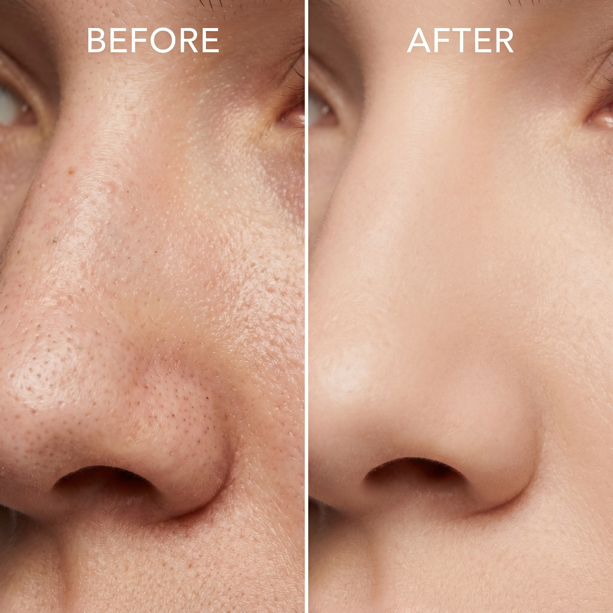 Before and after comparison of a person's nose with visible skin texture changes.