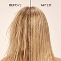 Before and after comparison of blonde hair with a black line separating the two images.